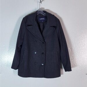 Women Land's End Black Wool Blend Pea Jacket Coat Size 16 Double Breasted Lined